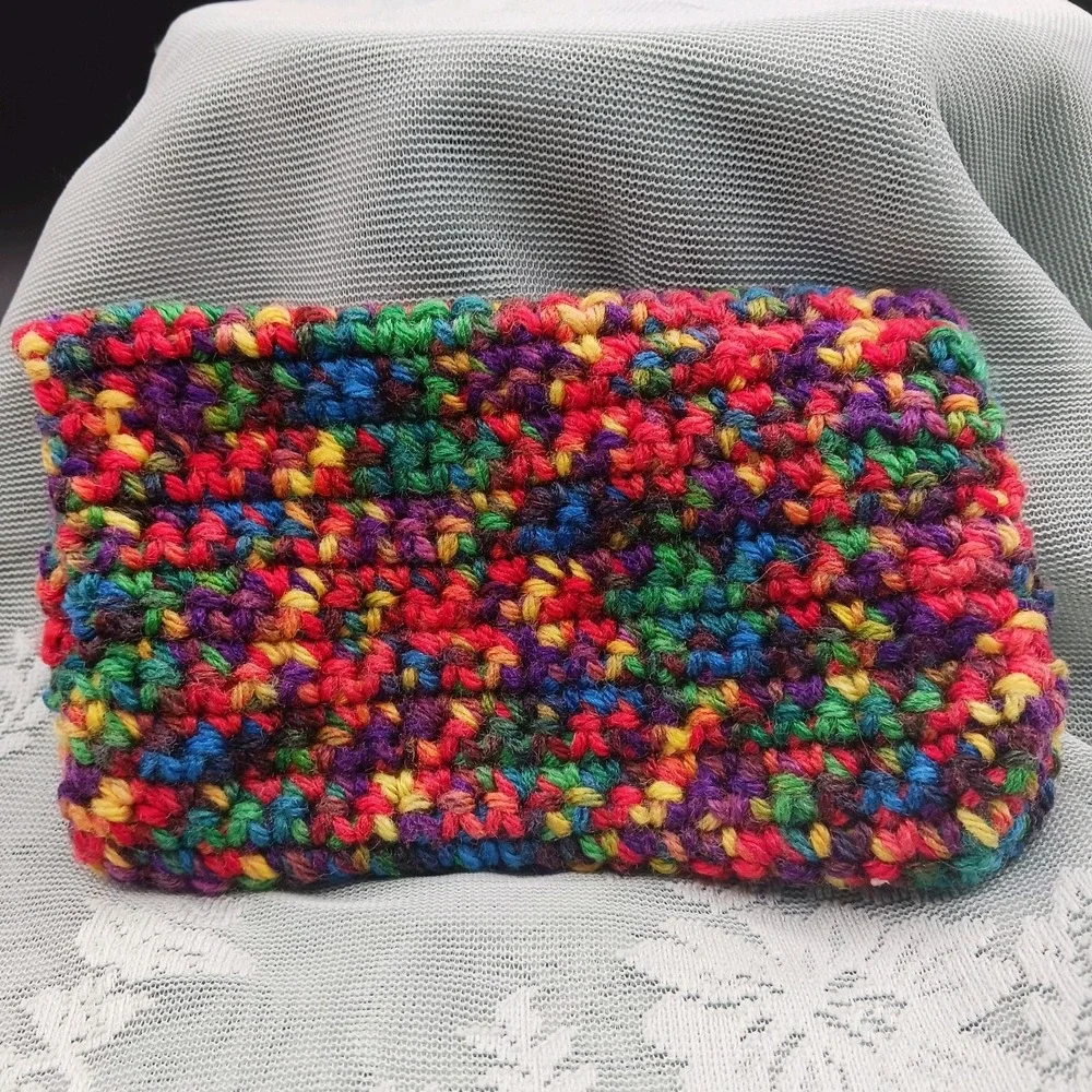 Handknit Crocheted RAINBOW Small organizer make up Bag Boho Hippie Cute Vintage